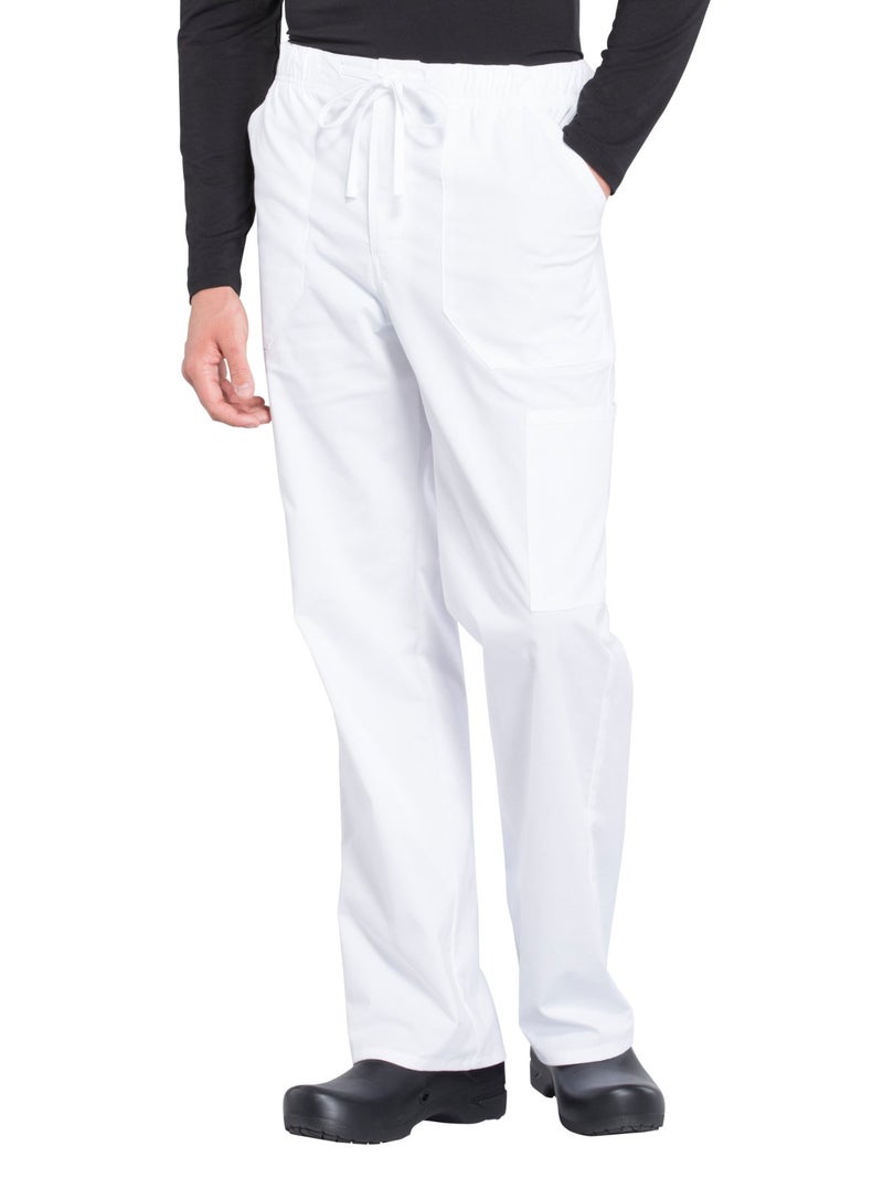 Cherokee Scrubs for Men Tapered Leg Cargo Scrub Pants with Zip Fly 5 Pockets Elastic Waist 2Way Stretch Easy Care WW190 M White