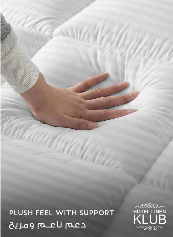 Hotel Linen Klub Super King Mattress Topper 200 x 200 cm –  Microfiber Stripe Super Soft Fabric, 500GSM Soft, Firm & Extra Thick Fiber Sheet with Highly Elastic Bands, White - Image 4