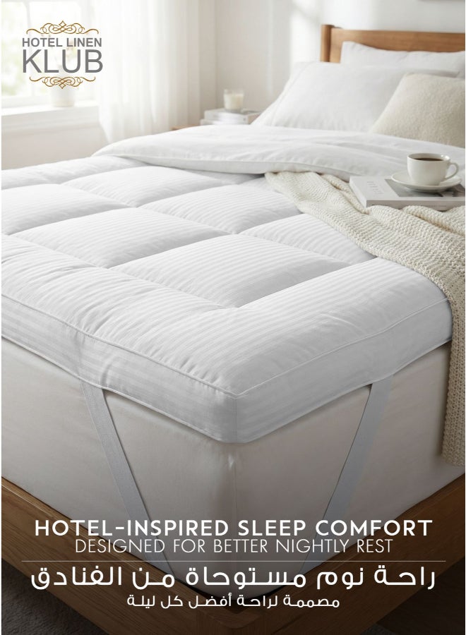 Hotel Linen Klub Super King Mattress Topper 200 x 200 cm –  Microfiber Stripe Super Soft Fabric, 500GSM Soft, Firm & Extra Thick Fiber Sheet with Highly Elastic Bands, White - Image 2