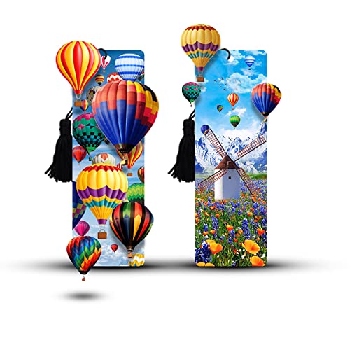 Ultra 3D Lenticular Single Bookmarks (Nature Mountains Windmill Colorful & Attractive Hot Air Balloon Theme, Set of 2) - Image 1
