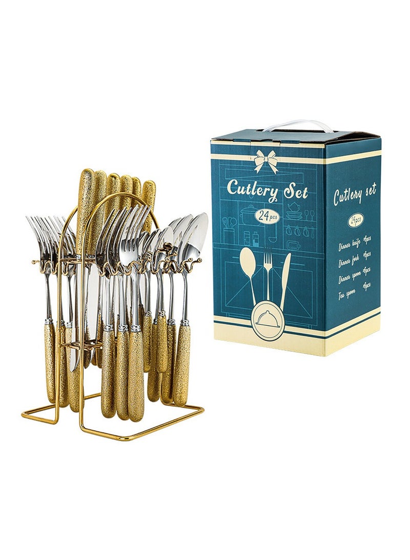 general Stainless steel tableware light luxury hotel household hammer pattern ceramic handle hanger knife fork spoon 24 pieces set - Image 1