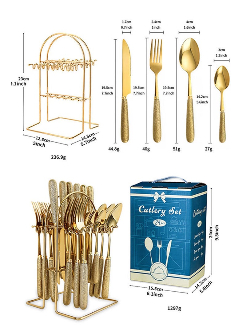 general Stainless steel tableware light luxury hotel household hammer pattern ceramic handle hanger knife fork spoon 24 pieces set - Image 2