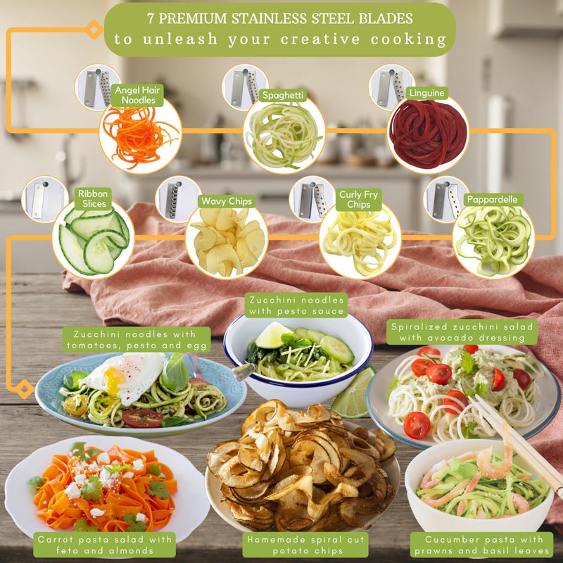 Brieftons 7-Blade Vegetable Spiralizer: Strongest-Heaviest Spiral Slicer, Best Veggie Pasta Spaghetti Maker for Low Carb/Paleo/Gluten-Free Meals, With Container, Lid, Blade Caddy & 4 Recipe Ebooks - Image 4