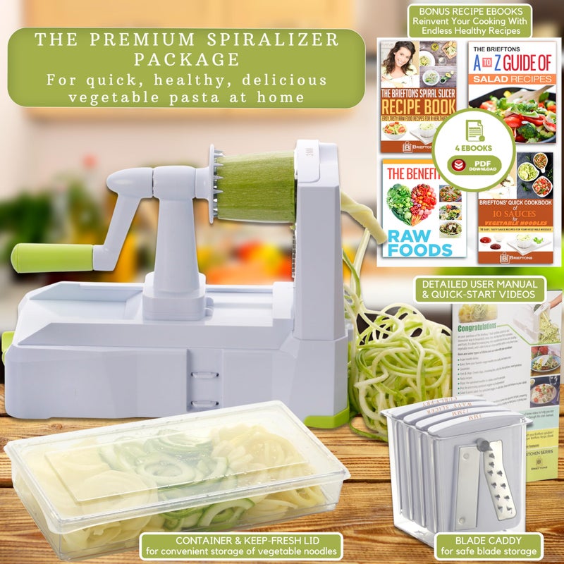 Brieftons 7-Blade Vegetable Spiralizer: Strongest-Heaviest Spiral Slicer, Best Veggie Pasta Spaghetti Maker for Low Carb/Paleo/Gluten-Free Meals, With Container, Lid, Blade Caddy & 4 Recipe Ebooks - Image 3