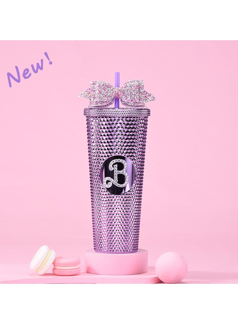 xozgdovg Double straw cup 710ml electroplated lavender A (stick diamond)- bow tie 