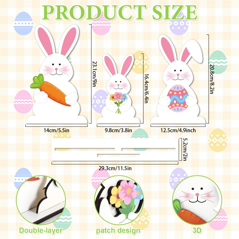 Sophena Easter Decorations Indoor for Home Wooden Bunny Table Sign Spring Decorations Rabbit Tabletop Decor Rustic flower egg ornament Farmhouse Table Centerpiece Decor Removable Tiered Tray - Image 2