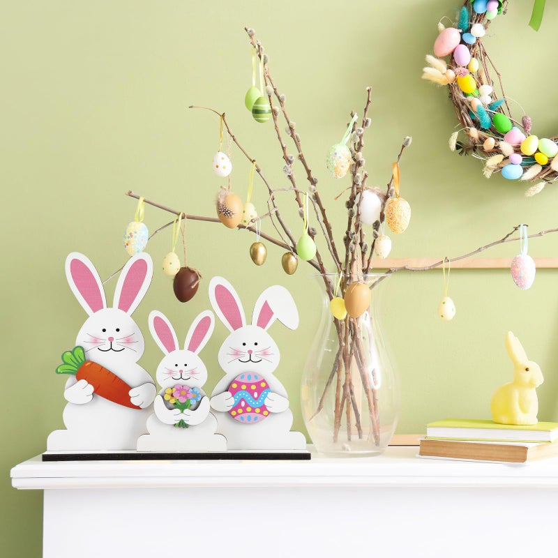 Sophena Easter Decorations Indoor for Home Wooden Bunny Table Sign Spring Decorations Rabbit Tabletop Decor Rustic flower egg ornament Farmhouse Table Centerpiece Decor Removable Tiered Tray - Image 4