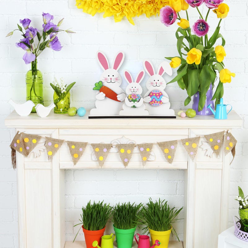 Sophena Easter Decorations Indoor for Home Wooden Bunny Table Sign Spring Decorations Rabbit Tabletop Decor Rustic flower egg ornament Farmhouse Table Centerpiece Decor Removable Tiered Tray - Image 3