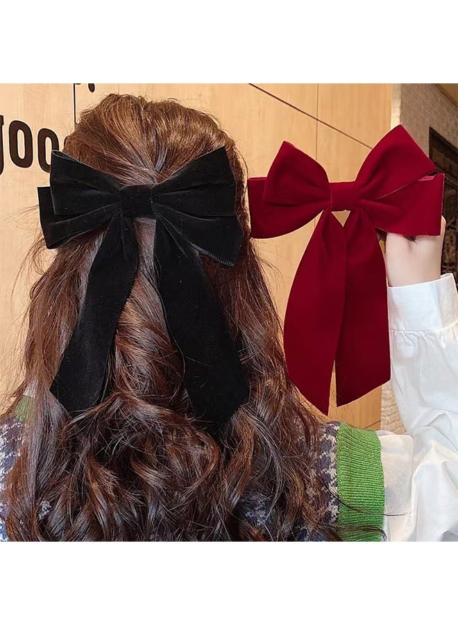 Generic 2-Piece Velvet Hair Bow Tail Satin Long Tail Headpieces Barrette Headwear for Women and Girls Gifts (Red + Black) - Image 2