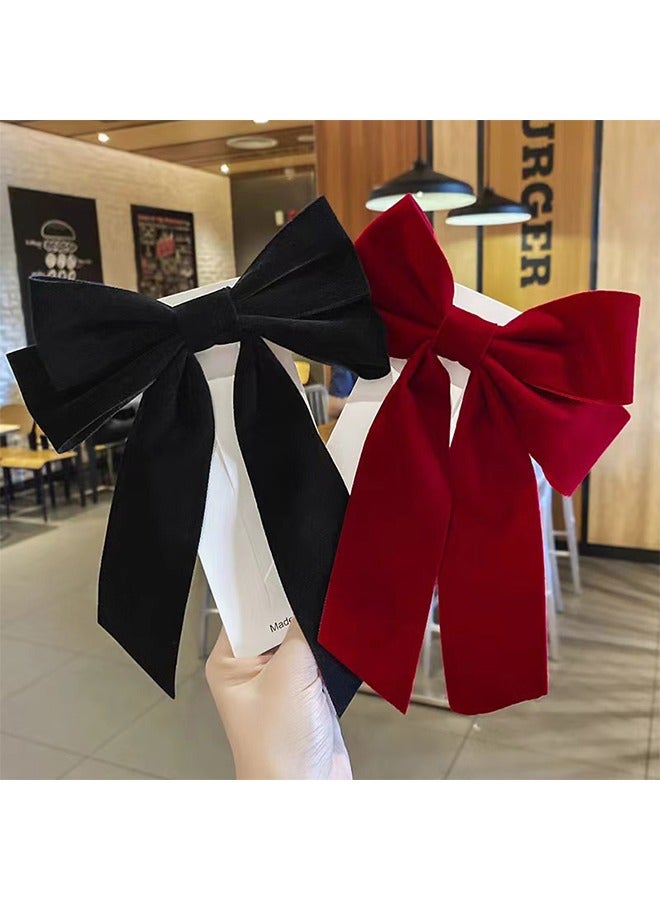 Generic 2-Piece Velvet Hair Bow Tail Satin Long Tail Headpieces Barrette Headwear for Women and Girls Gifts (Red + Black) - Image 3