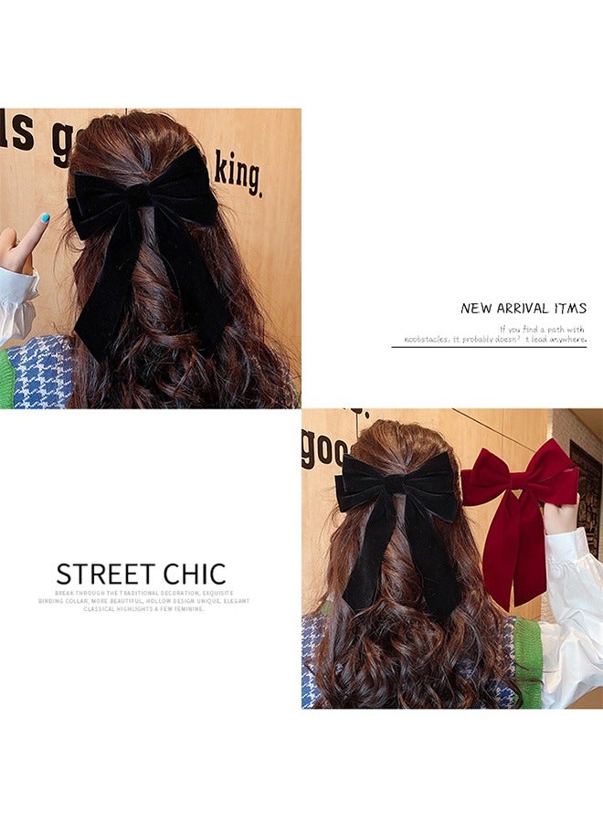 Generic 2-Piece Velvet Hair Bow Tail Satin Long Tail Headpieces Barrette Headwear for Women and Girls Gifts (Red + Black) - Image 4