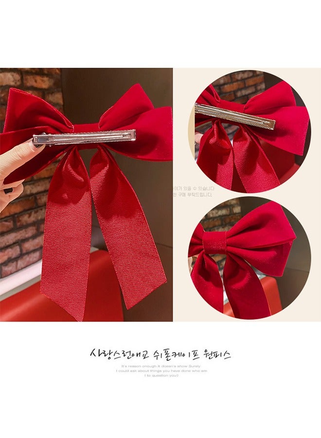 Generic 2-Piece Velvet Hair Bow Tail Satin Long Tail Headpieces Barrette Headwear for Women and Girls Gifts (Red + Black) - Image 5