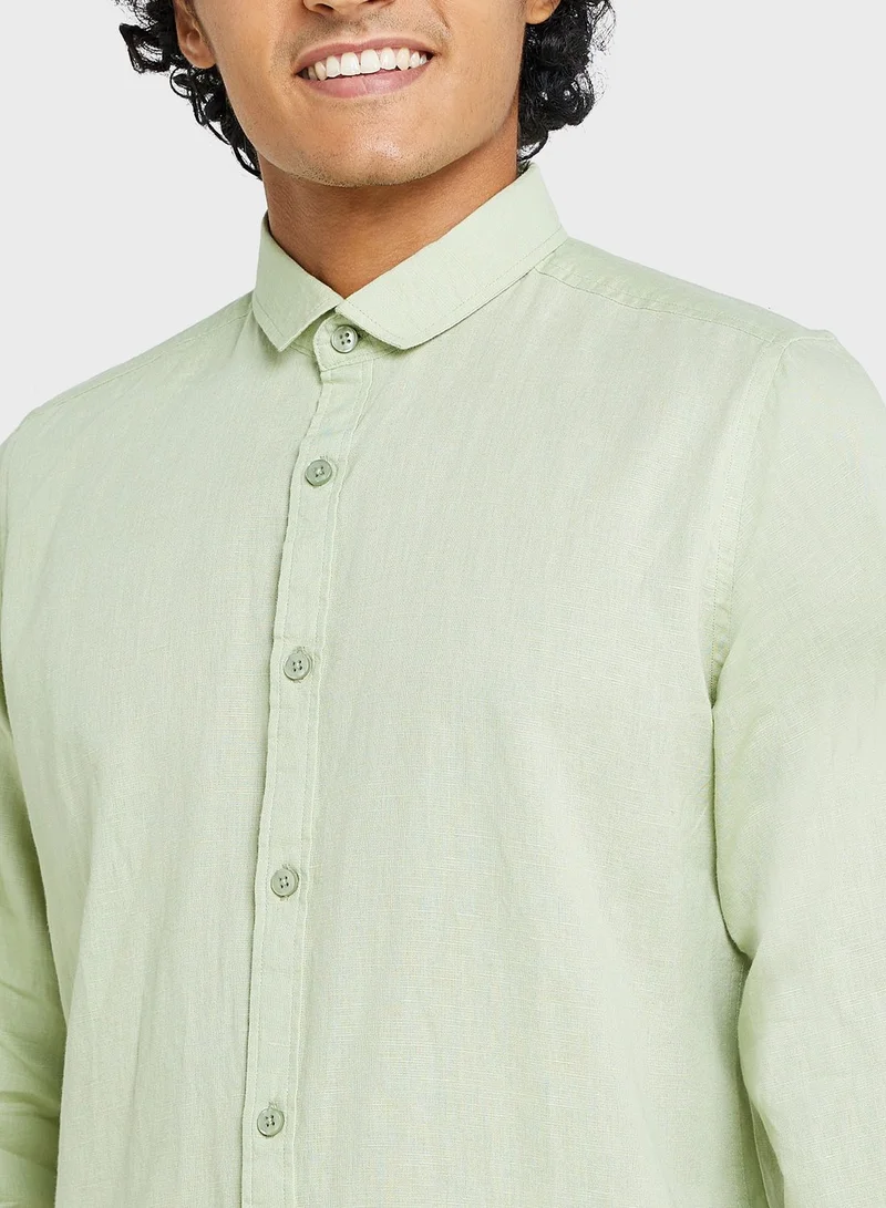 سفنتي فايف Men Sage Green Solid Casual Cotton Linen Shirt