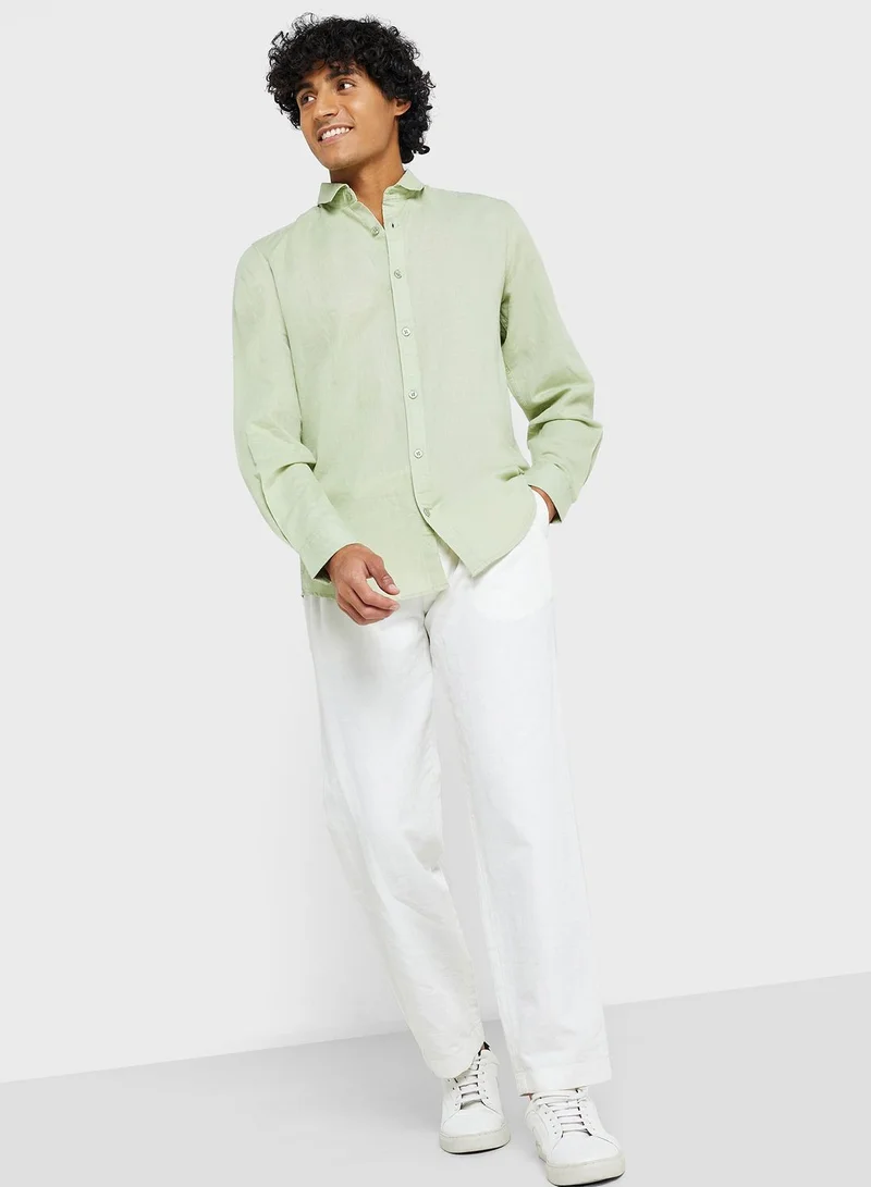 سفنتي فايف Men Sage Green Solid Casual Cotton Linen Shirt