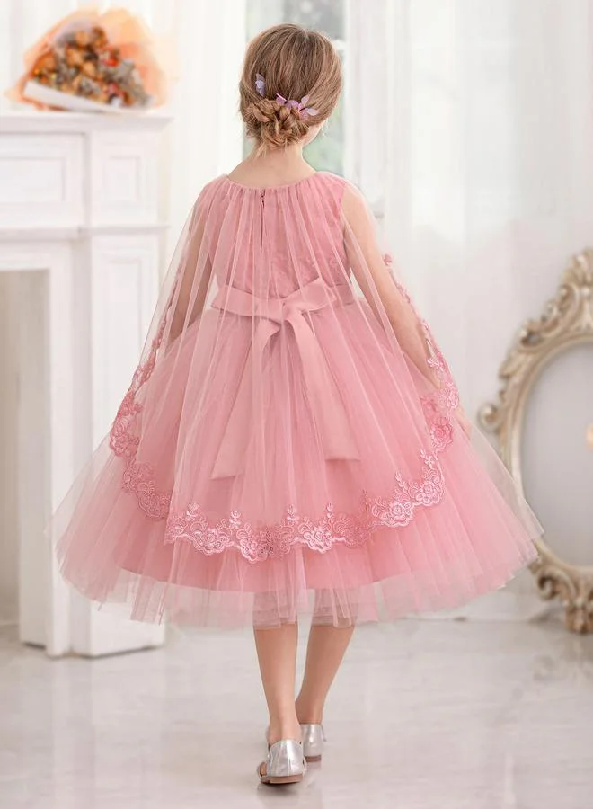 Take Two Lace Cape Sleeve Mesh Fit and Flare Dress by Styli