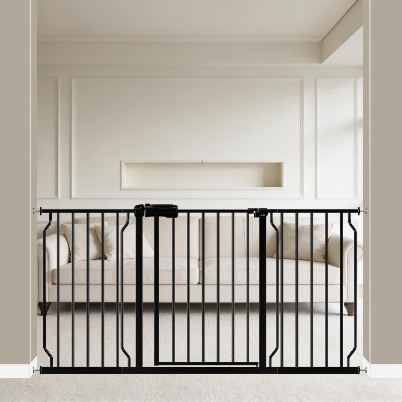 WAOWAO Baby Gate 57.48-62.20" Extra Wide Pressure Mounted Walk Through Swing Auto Close Safety Black Metal Toddler Kids Child Dog Pet Puppy for Stairs,Doorways,Kitchen - Image 1