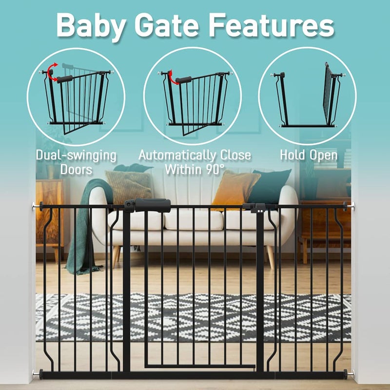 WAOWAO Baby Gate 57.48-62.20" Extra Wide Pressure Mounted Walk Through Swing Auto Close Safety Black Metal Toddler Kids Child Dog Pet Puppy for Stairs,Doorways,Kitchen - Image 3