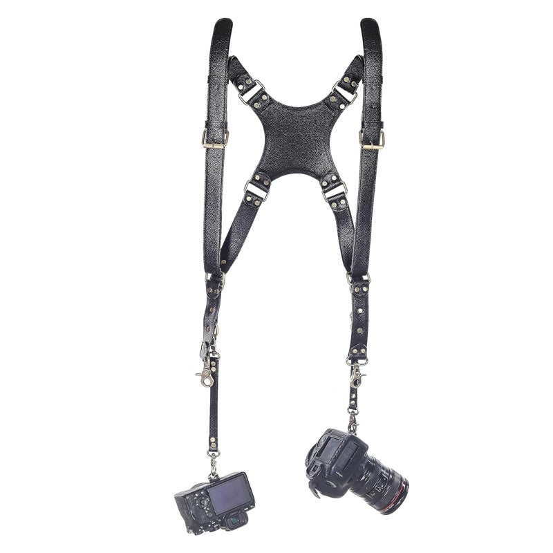 MVPRO Leather Dual Camera Strap with Snap Shackle Hooks | Perfect Double Camera Belt - Image 1