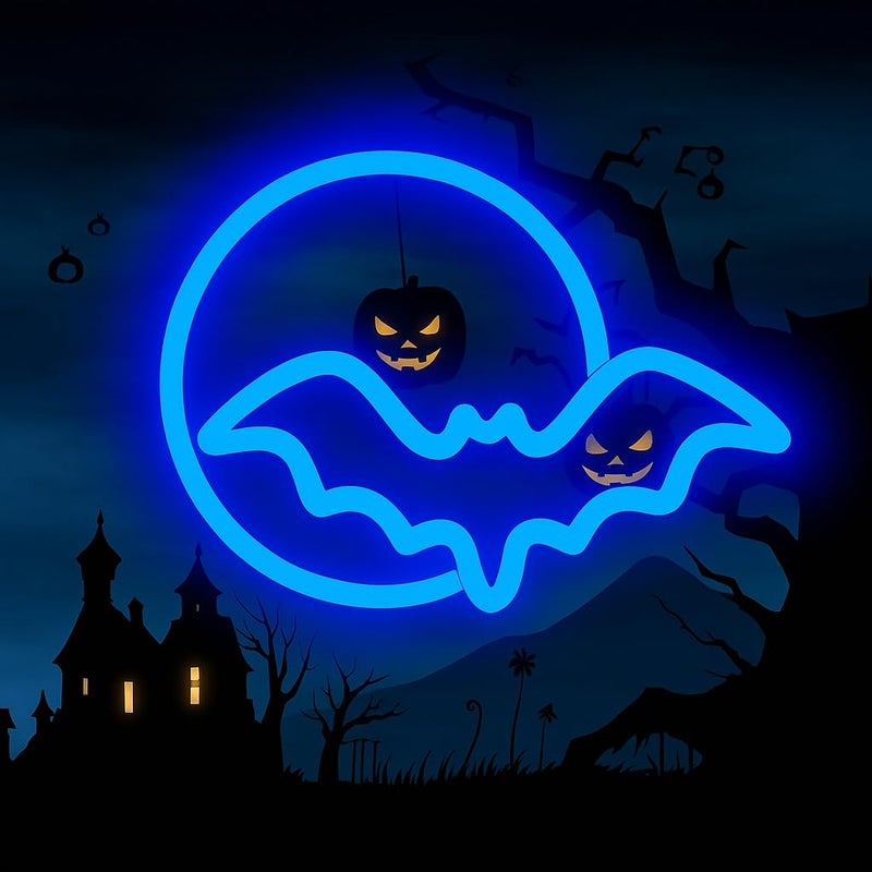 Horoof Home Blue LED Bat Neon Wall Light - Acrylic Halloween Decor for Bedroom and Parties - Image 1