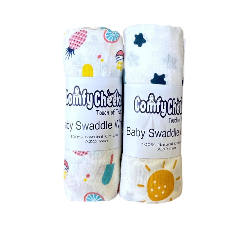 Comfy Cheeks 100% Cotton Muslin Baby Swaddle Set – Pack of 2 | Large 115x100 cm Mulmul Swaddle Wrap for Newborn to 18 Months | Soft Breathable Printed Baby Blanket & Towel - Image 1