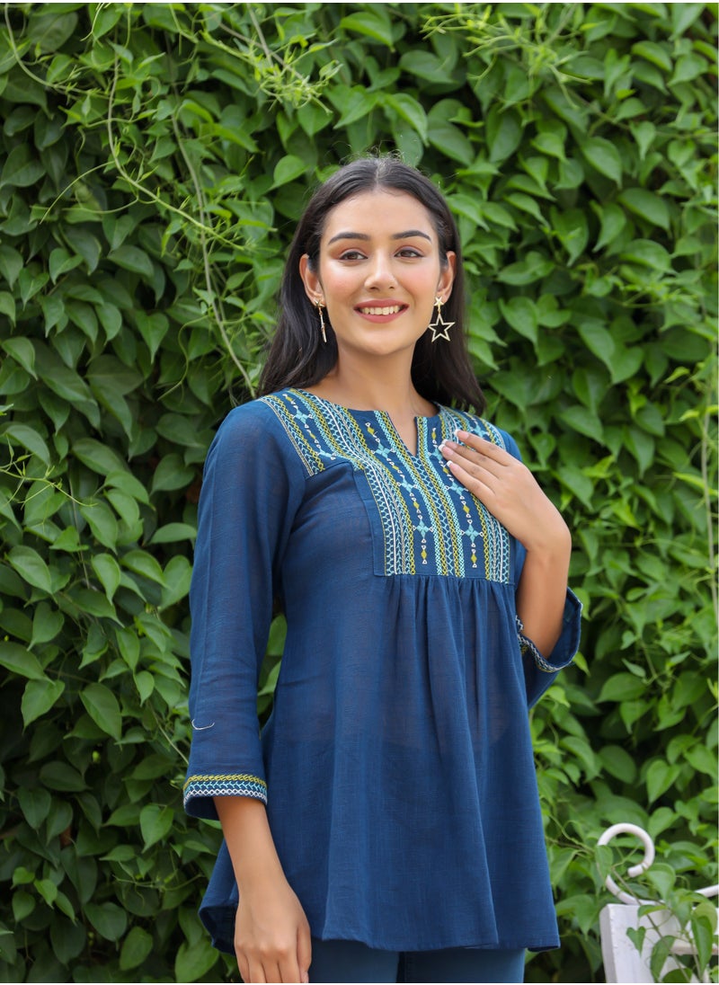Swadesh Souq - Women's Navy Blue Solid Cotton Top - Image 1