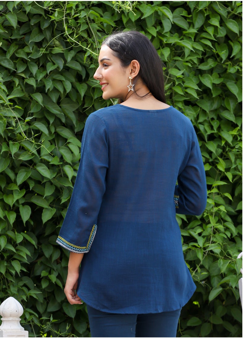 Swadesh Souq - Women's Navy Blue Solid Cotton Top - Image 1