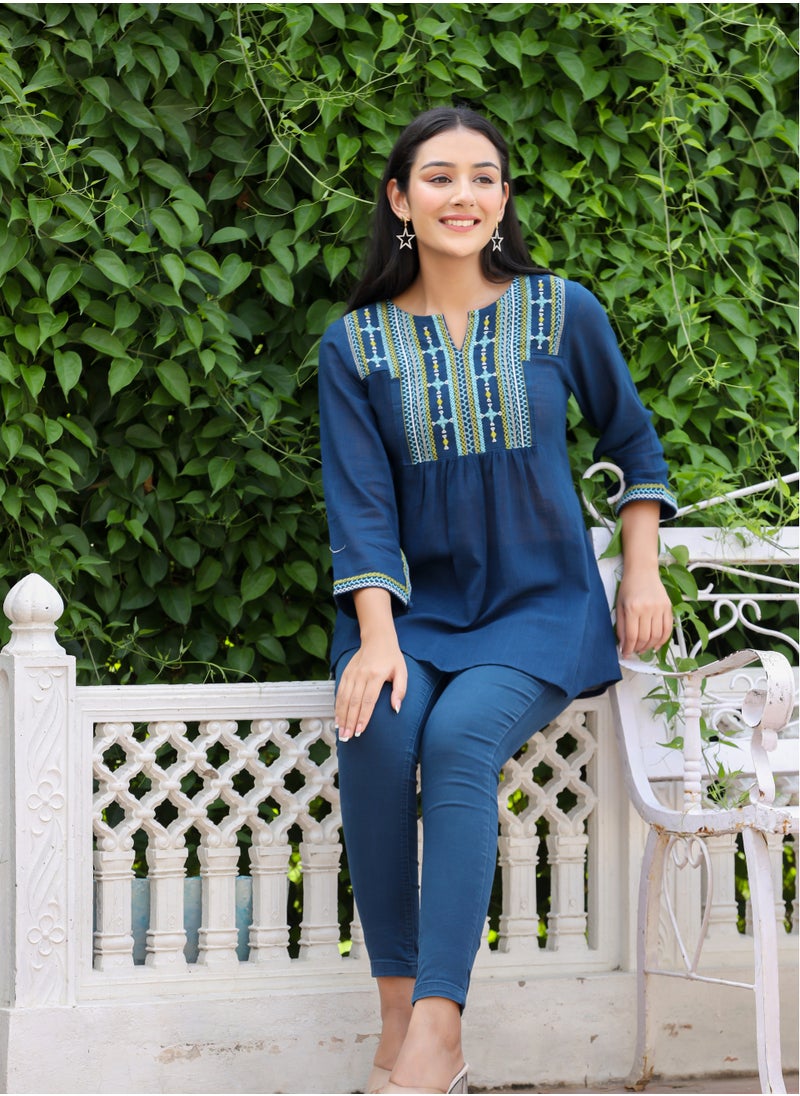 Swadesh Souq - Women's Navy Blue Solid Cotton Top - Image 1