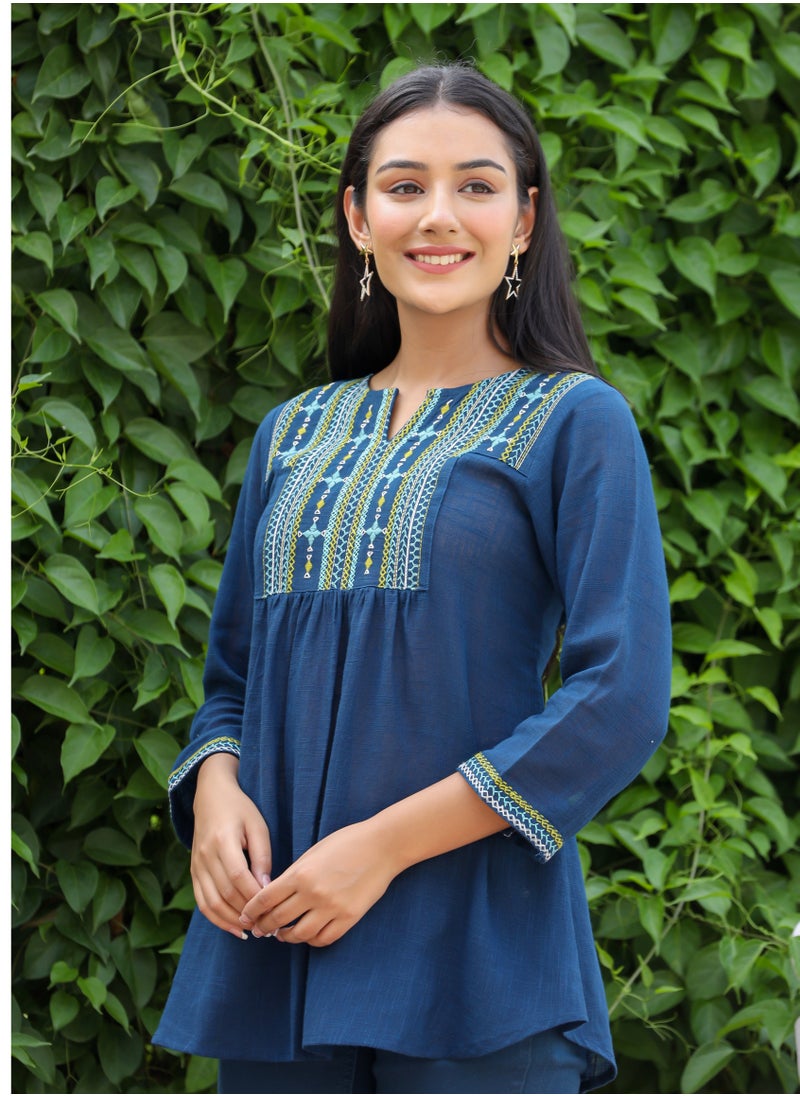 Swadesh Souq - Women's Navy Blue Solid Cotton Top - Image 1