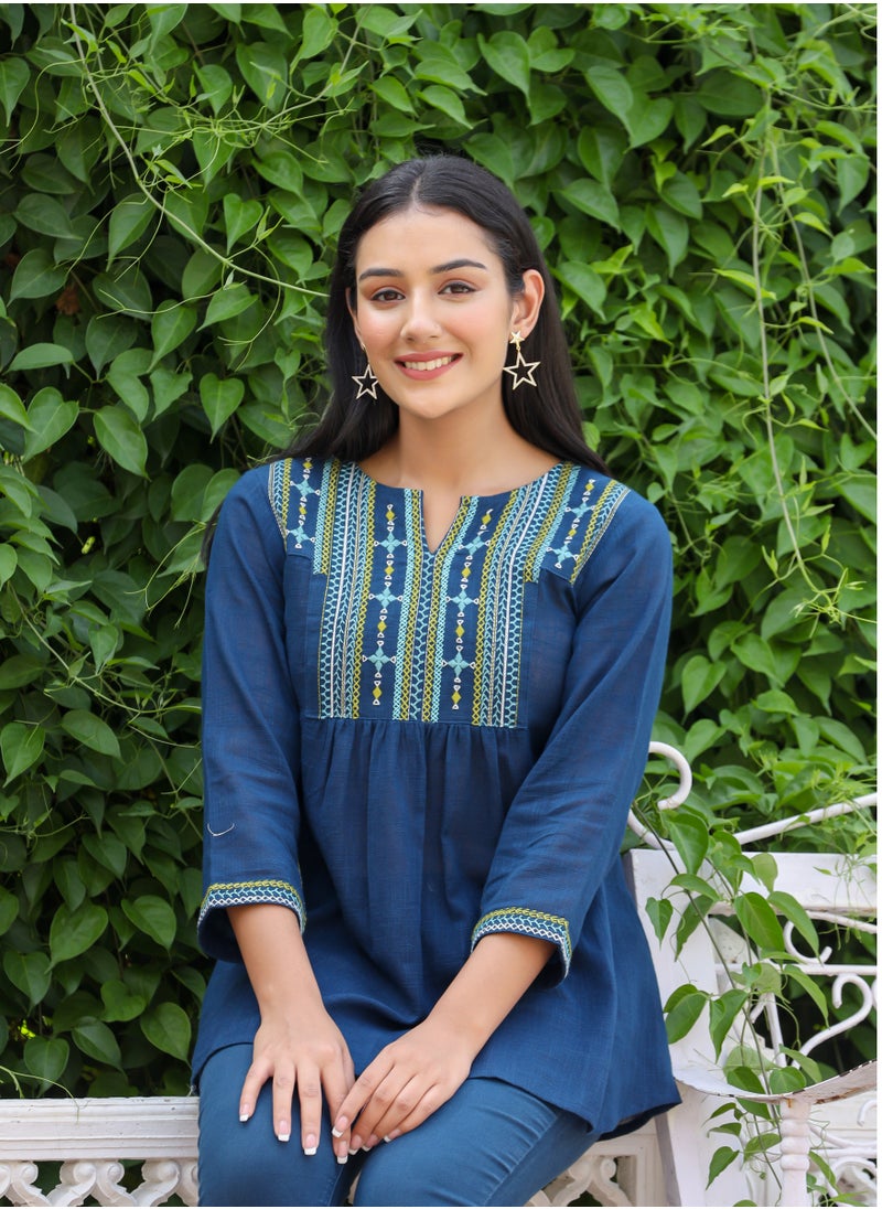 Swadesh Souq - Women's Navy Blue Solid Cotton Top - Image 1