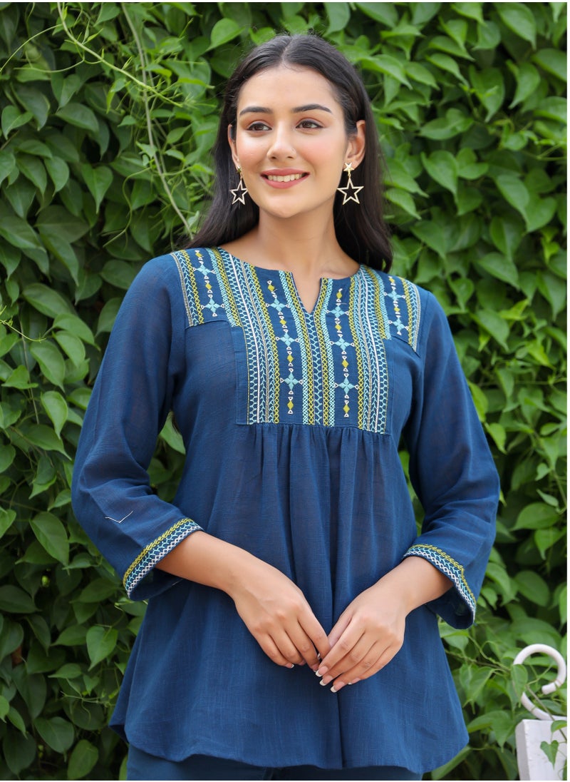 Swadesh Souq - Women's Navy Blue Solid Cotton Top - Image 1