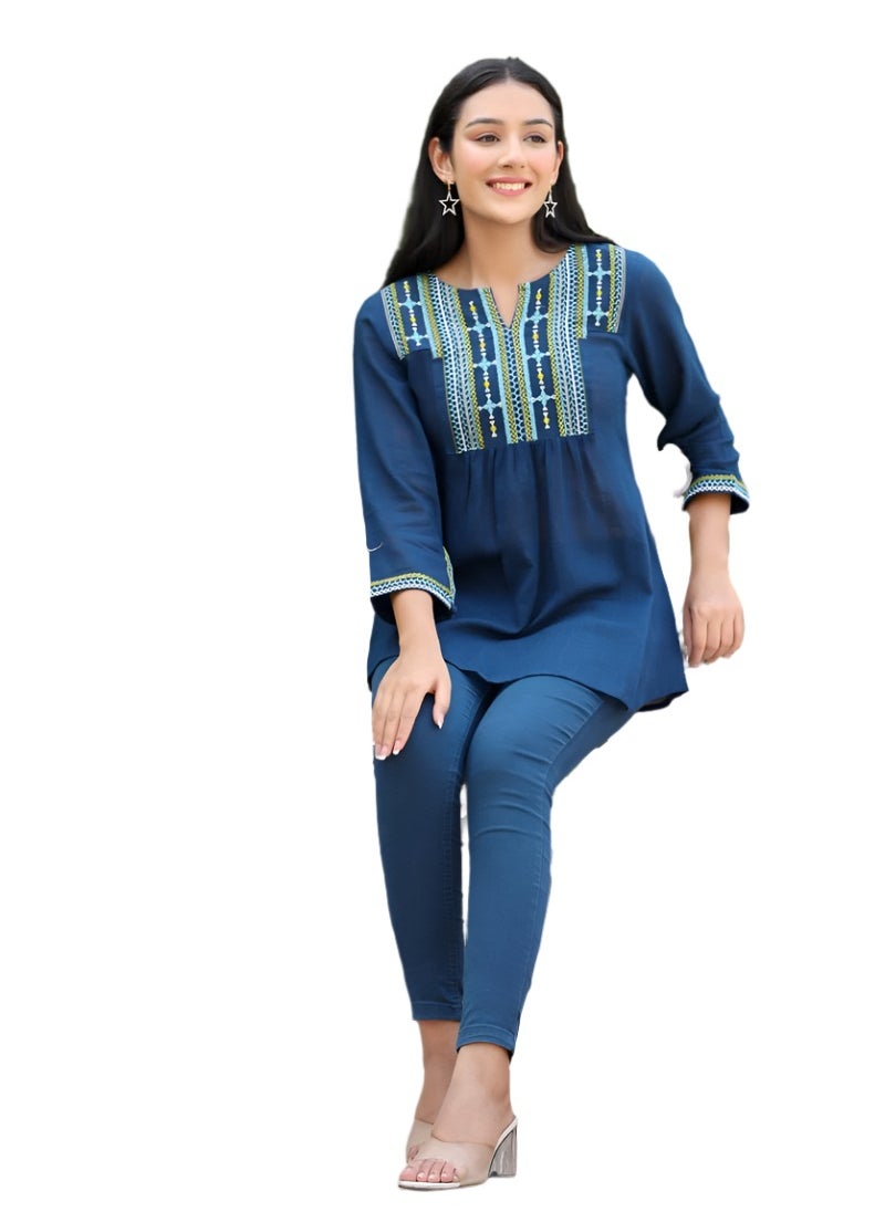 Swadesh Souq - Women's Navy Blue Solid Cotton Top - Image 1