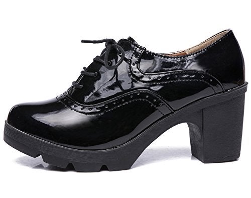 DADAWEN Women's Classic T-Strap Platform Mid-Heel Square Toe Oxfords Dress Shoes Black US Size 8 - Image 2
