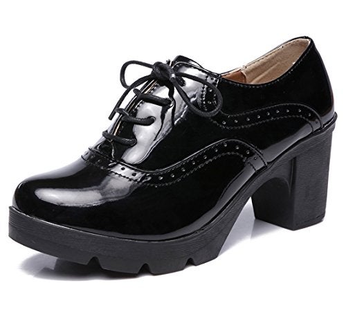 DADAWEN Women's Classic T-Strap Platform Mid-Heel Square Toe Oxfords Dress Shoes Black US Size 8 - Image 1