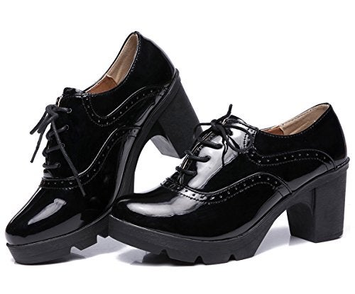 DADAWEN Women's Classic T-Strap Platform Mid-Heel Square Toe Oxfords Dress Shoes Black US Size 8 - Image 5