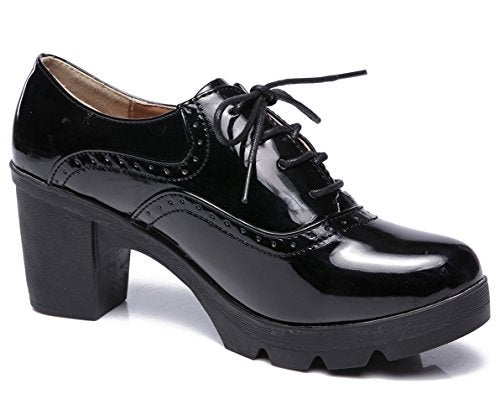 DADAWEN Women's Classic T-Strap Platform Mid-Heel Square Toe Oxfords Dress Shoes Black US Size 8 - Image 3