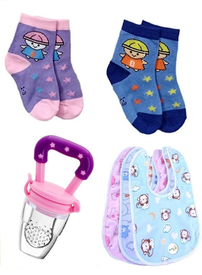 BriKSHi New Born Baby Soft Cotton Socks,Bibs Apron & Fresh Silicone Food/Fruit Nibbler For Babies(3-12month) (Combo) | W85 - Image 1