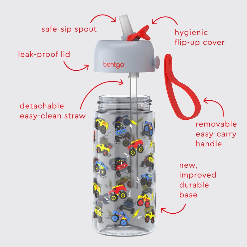 Bentgo Kids Water Bottle - Leak-Proof, Durable Tritan, BPA-Free 15 oz. Cup for Kids/Toddlers Ages 3+ - Flip-Up Straw & Dishwasher Safe for School, Sports, Daycare & Camp (Trucks) - Image 3