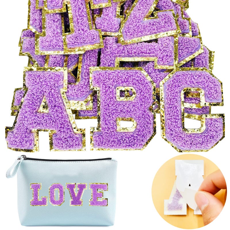 Jongdari Chenille Letter Patches SelfAdhesive  IronOn Letters 52pcs Varsity Fuzzy Patch Glitter Alphabet  26pcs Purple