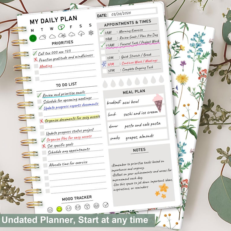 PIOOJK Daily Planner Undated - 6.5"x8.5" To Do List Notebook Spiral Appointment Planner to Organize Tasks & Boost Productivity, Perfect Office & School Supplies for Women & Men, Wildfloral - Image 3
