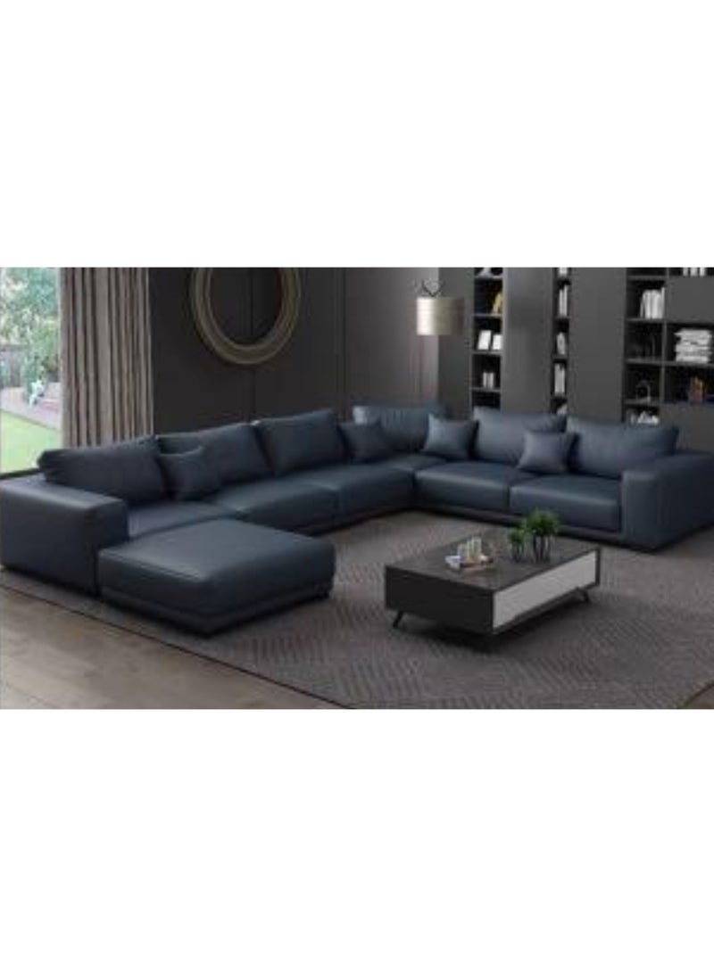 KARNAK Rome Latest Wooden Furniture Designs U-Shaped Sectional Sofa Living Room Leather Sofa Set Furniture (Dark Blue) - Image 1