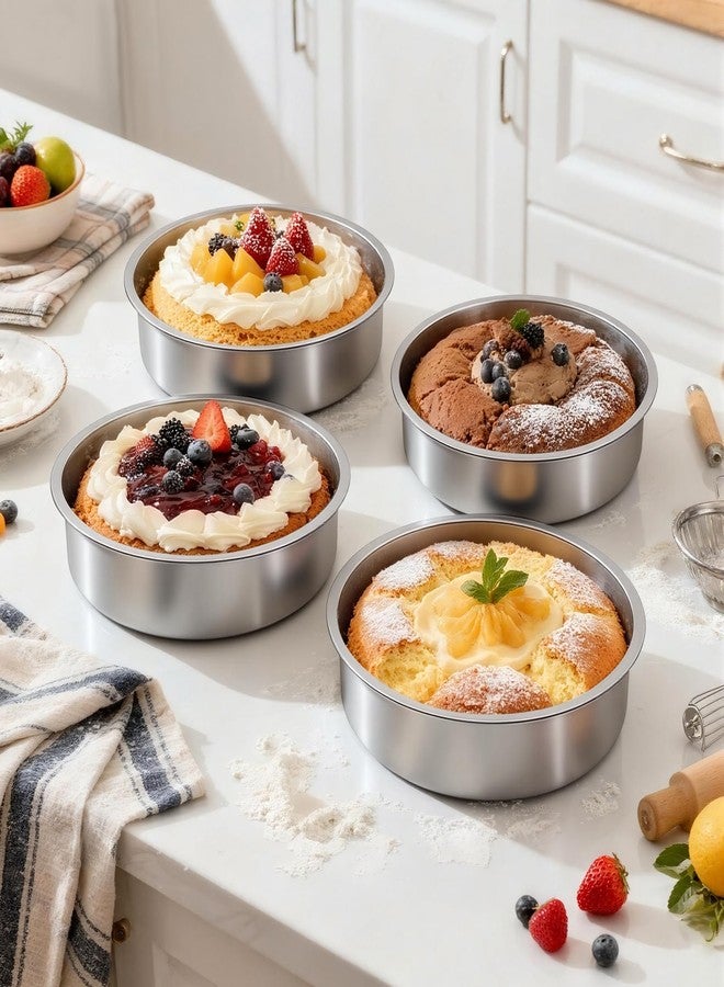 Ohtomber 8 Inch Cake Pan - Set of 4 Stainless Steel Round Layer Cake Baking Pans Molds, Tins, Stackable Baking Set, Even Heating, Dishwasher Safe Non-Toxic Bakeware Dish for Birthday Wedding Christmas - Image 4