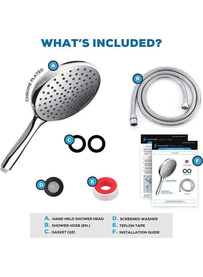 SparkPod High Pressure 6-inch Handheld Shower Head - Wide Coverage, Extra Long 6 ft. Hose & Adjustable Premium Bracket - Kids, Pets and Seniors love it! 1 min installation (Chrome Finish)… - Image 2