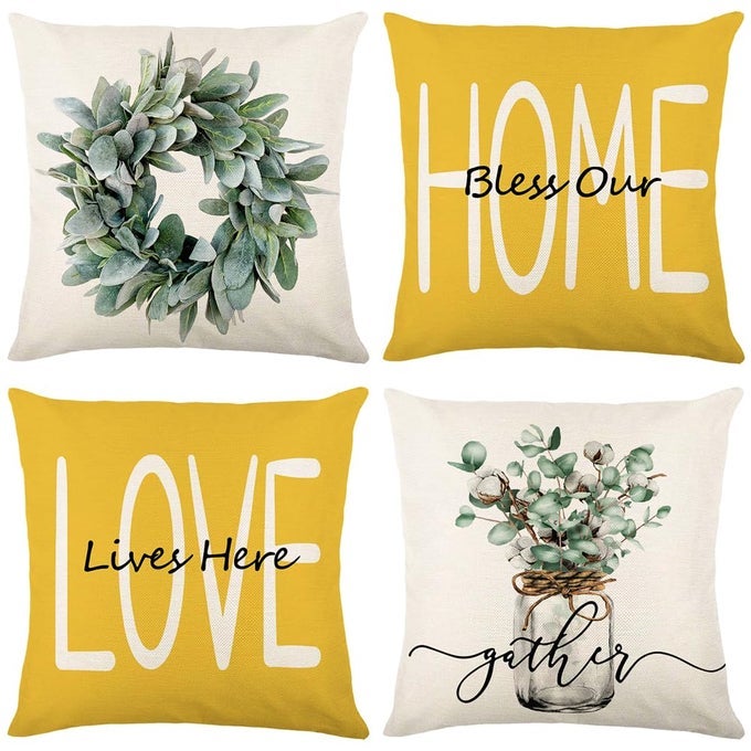 THROW PILLOW COVERS 18X18 SET OF 4 FARMHOUSE YELLOW PILLOW COVERS CUSHION CASES DECORATIVE PILLOWCASES FOR SOFA COUCH LIVING ROOM OUTDOOR HOME DECOR YELLOW 18 X 18