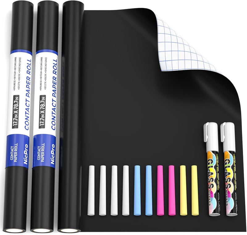 Nicpro 2 Pack Chalkboard Contact Paper Roll, 17.7" X 78.7" (6.5 Feet) Self Adhesive Vinyl Blackboard Wallpaper, Chalk Paper Wall Decal Sticker with 2 Marker & 10 Chalk for Home, Office, School - Image 1