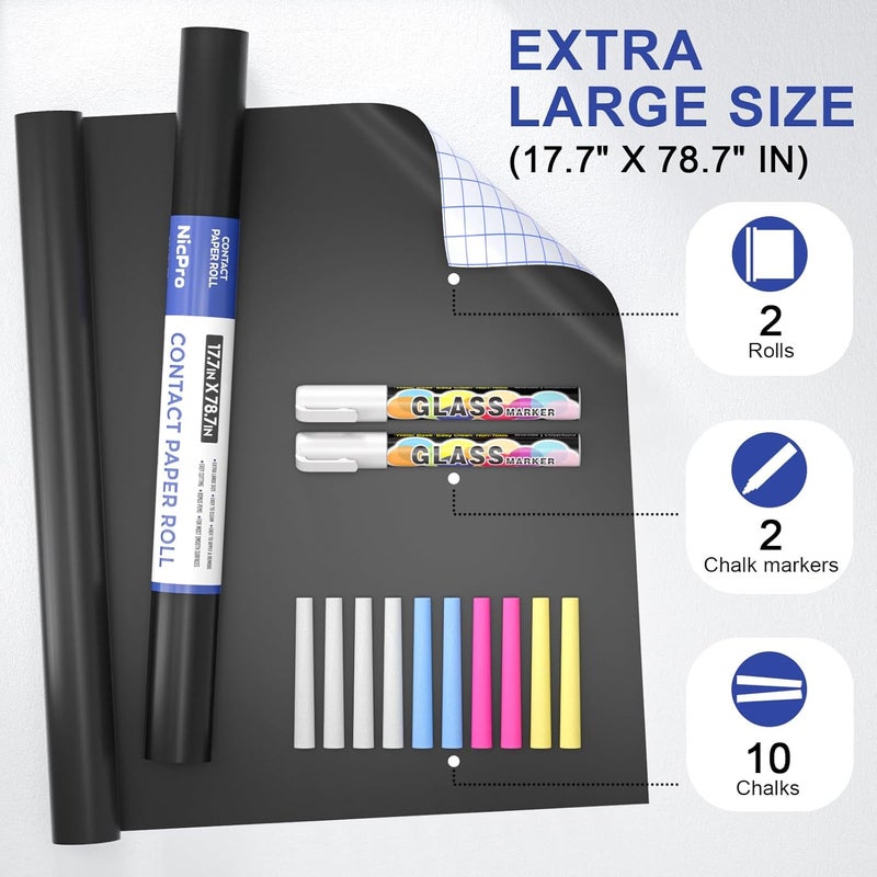Nicpro 2 Pack Chalkboard Contact Paper Roll, 17.7" X 78.7" (6.5 Feet) Self Adhesive Vinyl Blackboard Wallpaper, Chalk Paper Wall Decal Sticker with 2 Marker & 10 Chalk for Home, Office, School - Image 2