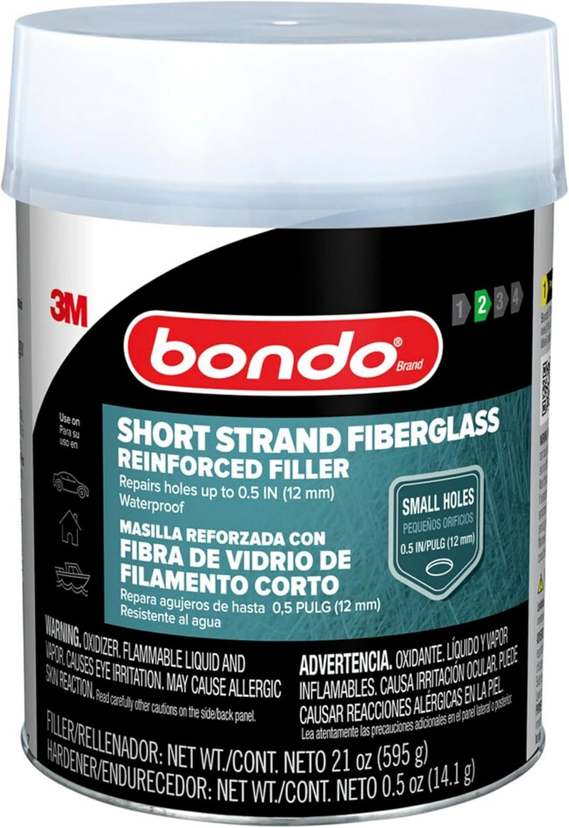 Bondo 3M Bondo Short Strand Fiberglass Reinforced Filler 21 oz (595.34 g) with Bondo Cream Hardener 0.5 oz (14g), Repair Holes Up To 0.5 IN, Waterproof (SS-PT-ES) Liquid tight joint - Image 1