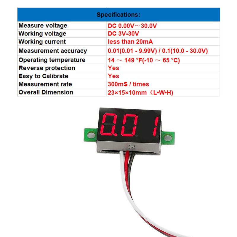 bayite Pack of 5 Three-Wire Calibratable DC 0~30V Red Digital Mini Voltmeter Gauge Tester Mount Car Motorcycle Battery Monitor Volt Voltage Meter 0.36" Red LED Display Panel - Image 4