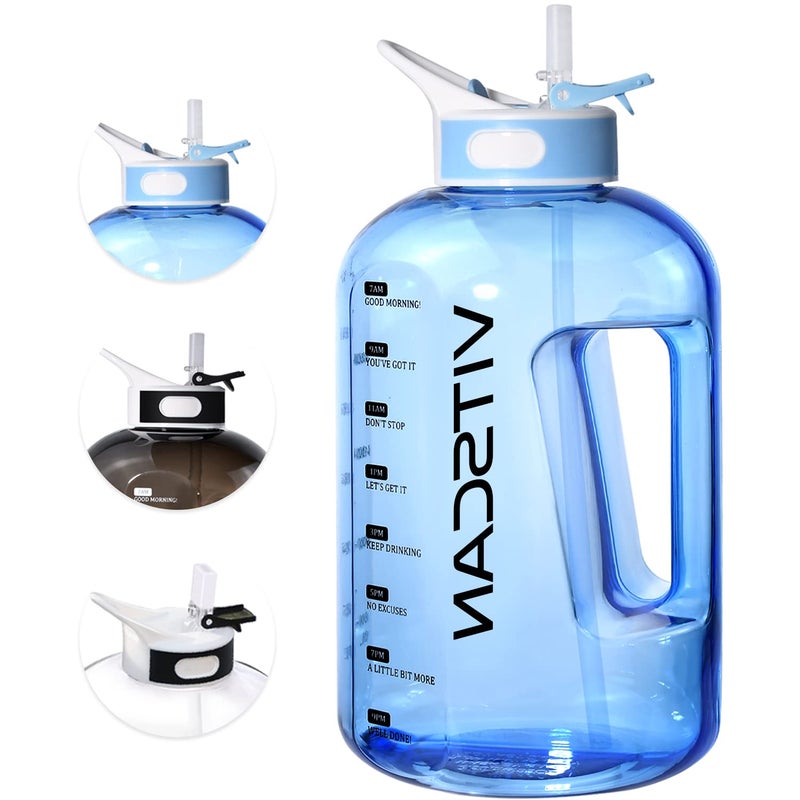 Vitscan 128OZ/1 Gallon Water Bottle with Straw Motivational Water Bottle with Time Marker  Large Water Bottle 128 Oz Water Bottle  Big Water Jug for Sports Water Bottles  Two Handles BPA Free (Blue)  - Image 1