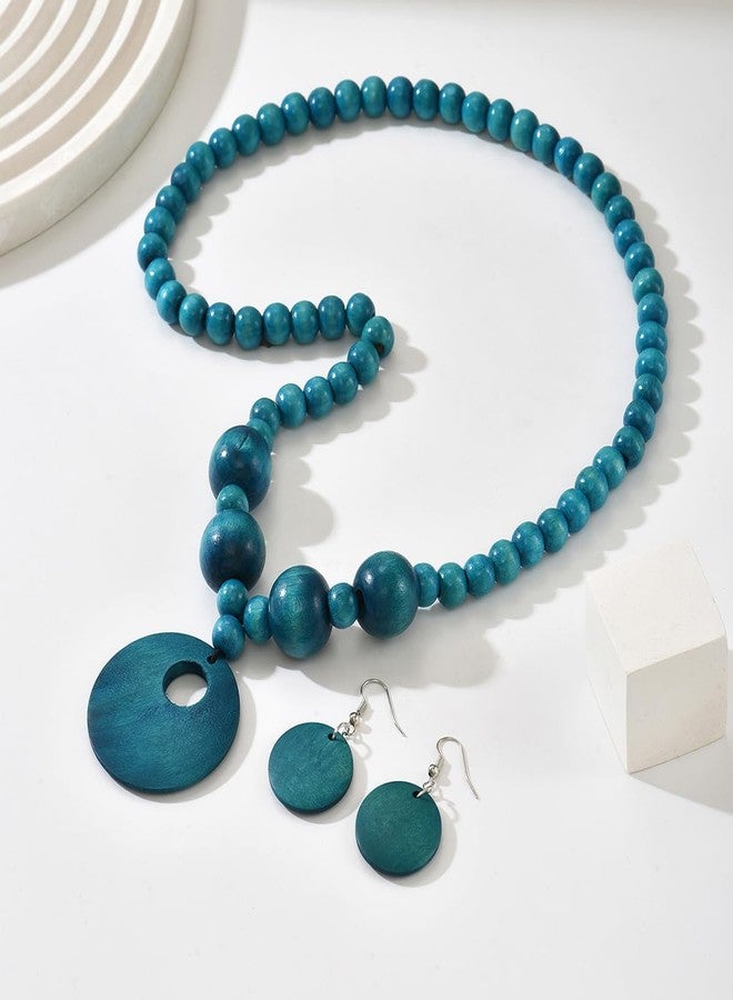 LOTSOF Boho Wooden Beaded Necklace and Earring Set for Women, Handmade Teal Blue Statement Jewelry, Bohemian Circle Pendant (Peacock Blue) - Image 3