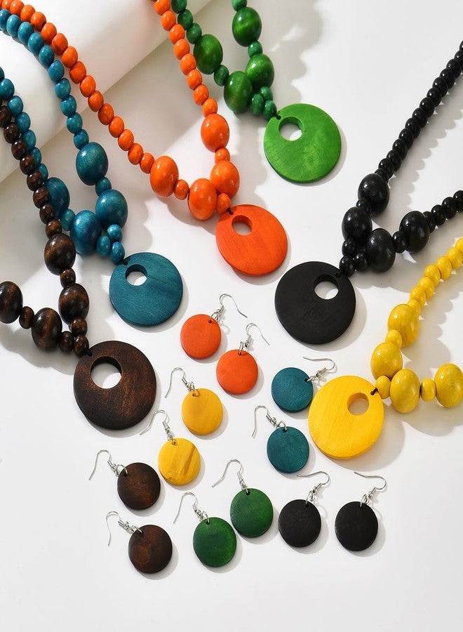 LOTSOF Boho Wooden Beaded Necklace and Earring Set for Women, Handmade Teal Blue Statement Jewelry, Bohemian Circle Pendant (Peacock Blue) - Image 4